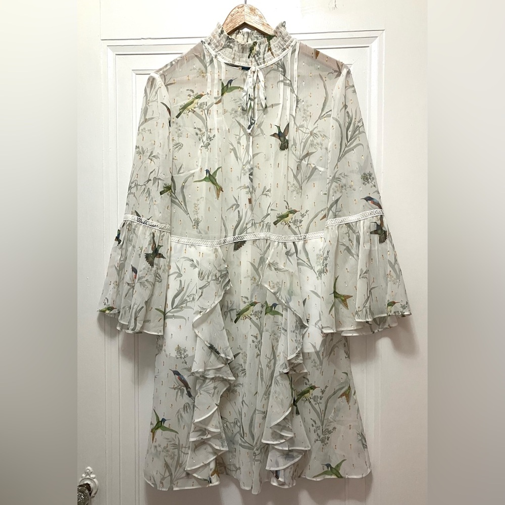 Ted Baker Dress Size 2 | Flowing Chiffon Bird Pattern/ Ivory | Slip Not Included